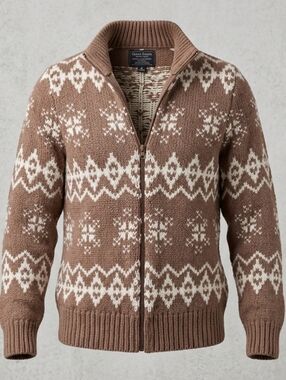 New York And Company Fair Isle Snowflake Chunky Tan Full Zip Sweater Cardigan M